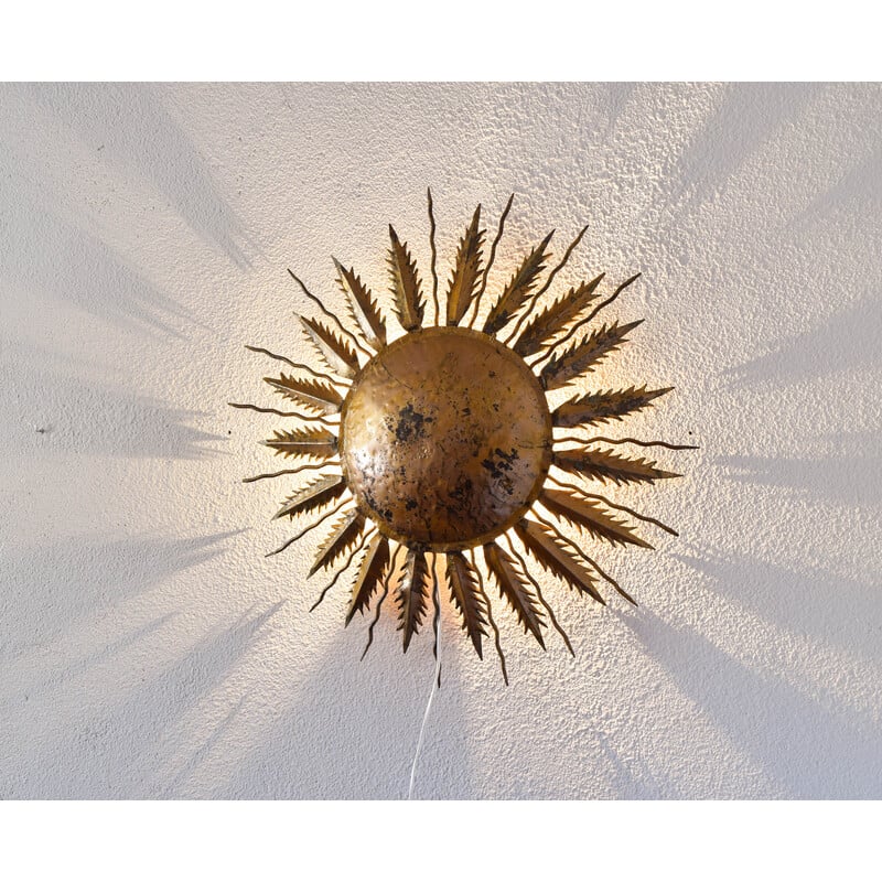 Vintage sun-shaped hammered metal ceiling lamp, Spain 1940