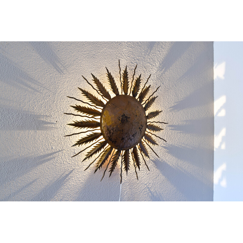 Vintage sun-shaped hammered metal ceiling lamp, Spain 1940