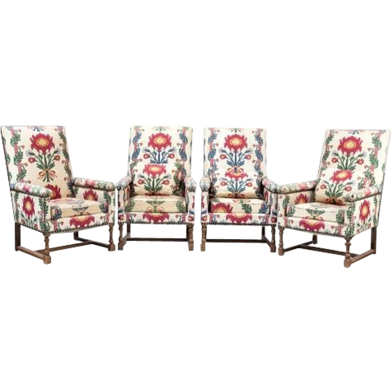 Set of 4 vintage armchairs in linen fabric, France