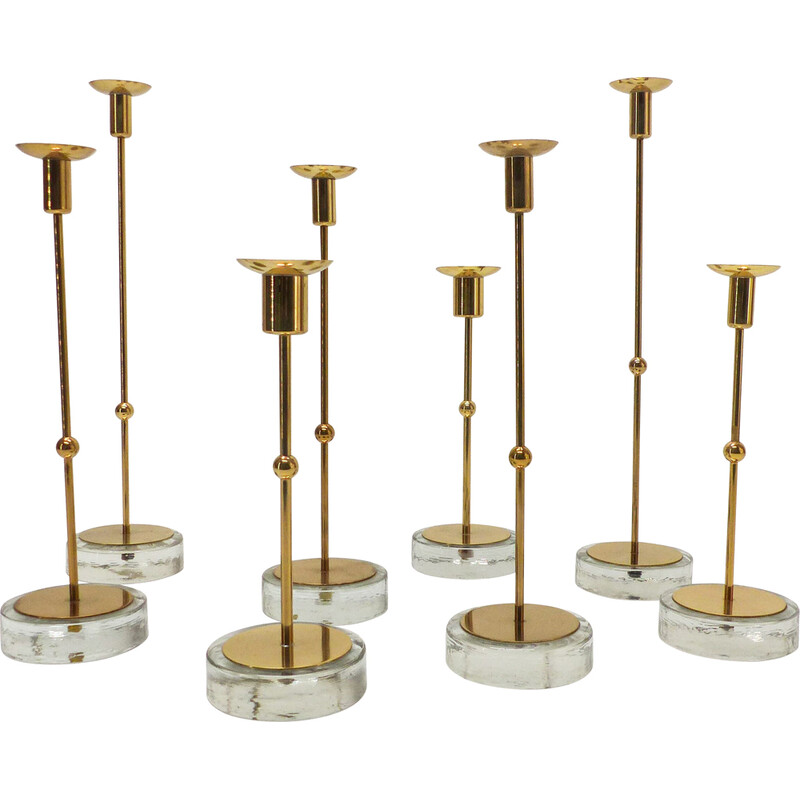 Set of 8 vintage thick glass candlestick by Gunnar Ander for Ystad Metall, 1960