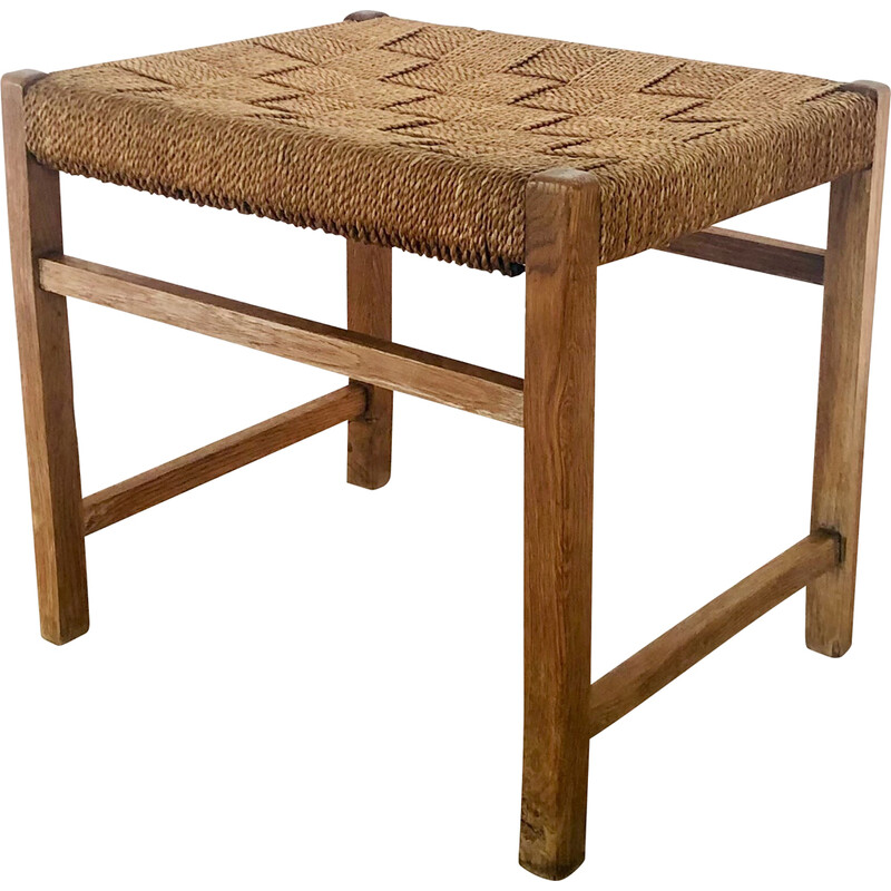 Vintage oak stool with woven rope seat, Denmark 1960