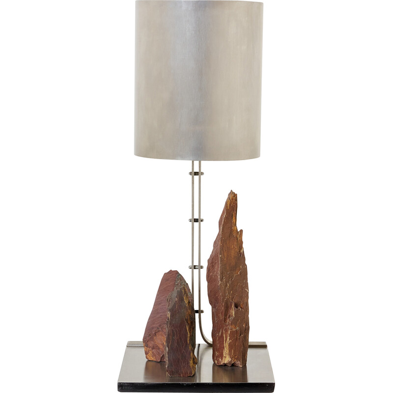 Vintage lamp in brushed steel and red schist by Philippe Jean, 1970