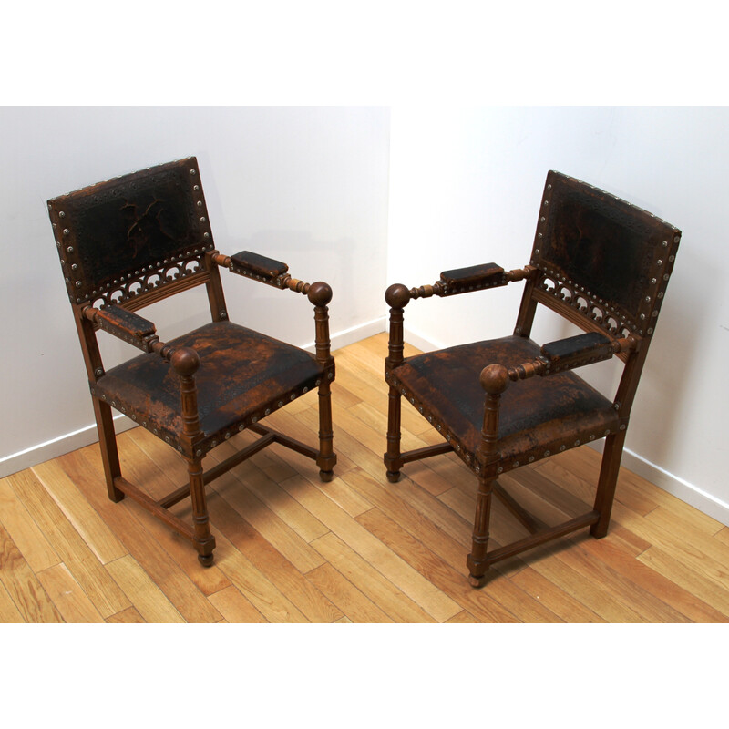 Paar vintage fauteuils in walnoothout en leer