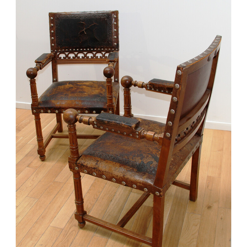 Pair of vintage armchairs in walnut wood and leather