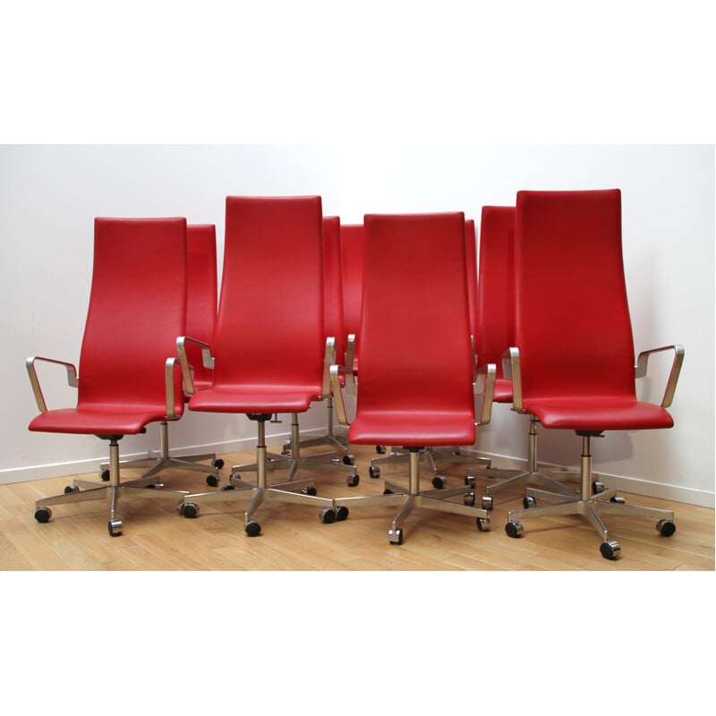 Set of 8 vintage office chairs in chrome aluminum and leather by Arne Jacobsen for Fritz Hansen