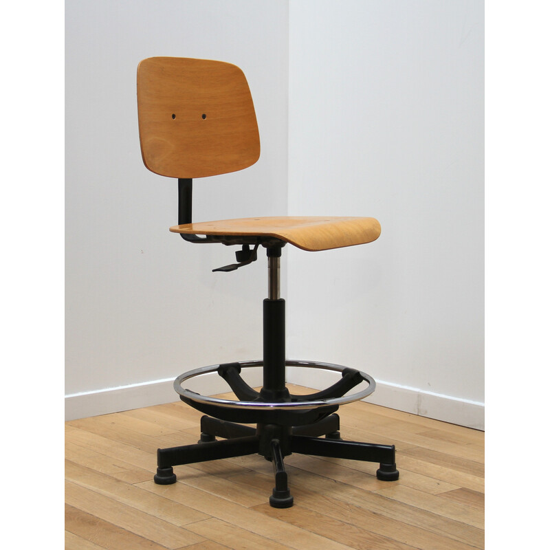 Vintage laboratory chair in metal and light wood