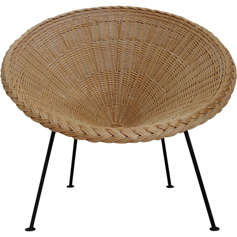 Braided rattan garden set with black feet - 1950s