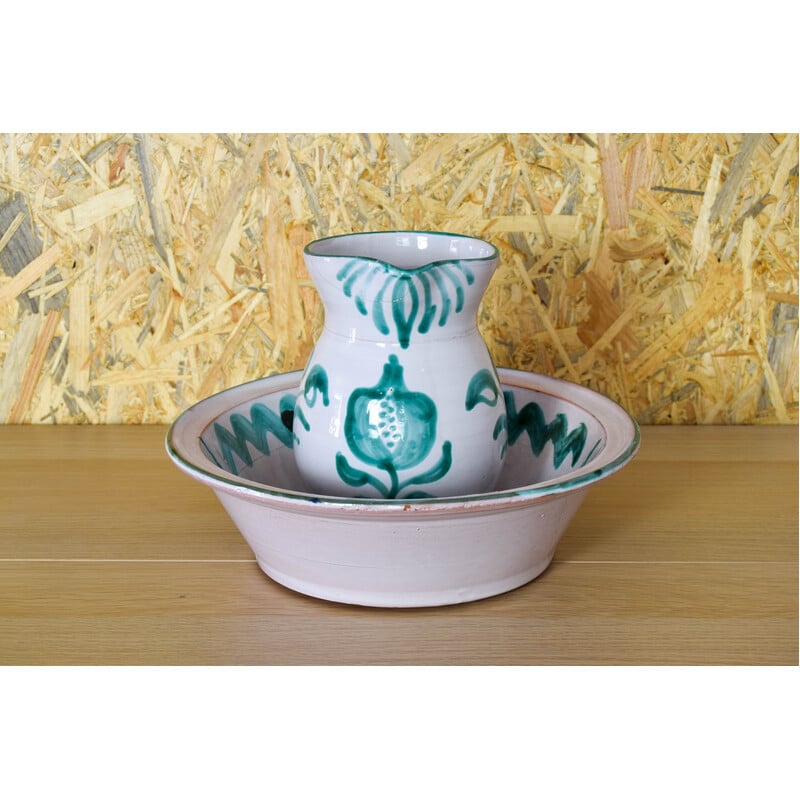 Vintage Fajalauza ceramic pitcher and bowl, Spain 1960