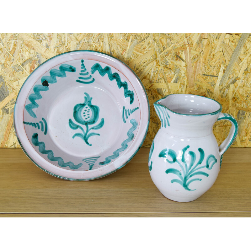 Vintage Fajalauza ceramic pitcher and bowl, Spain 1960