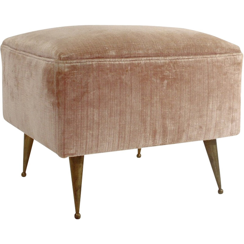 Tabouret en velours rose aux pieds en laiton - 1950