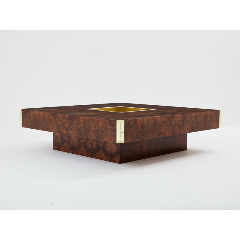 Vintage coffee table in elm burl veneer and brass by Mario Sabot, 1970