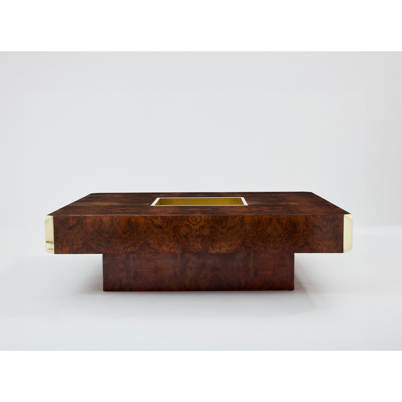 Vintage coffee table in elm burl veneer and brass by Mario Sabot, 1970