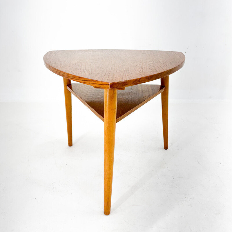 Vintage triangle-shaped wooden side table, Czechoslovakia