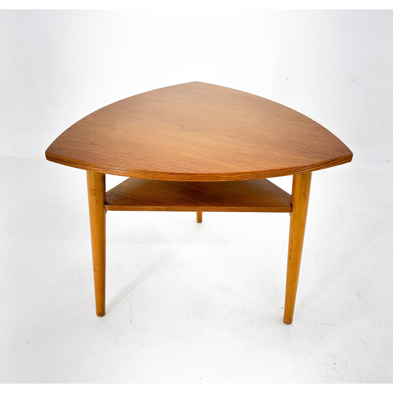 Vintage triangle-shaped wooden side table, Czechoslovakia