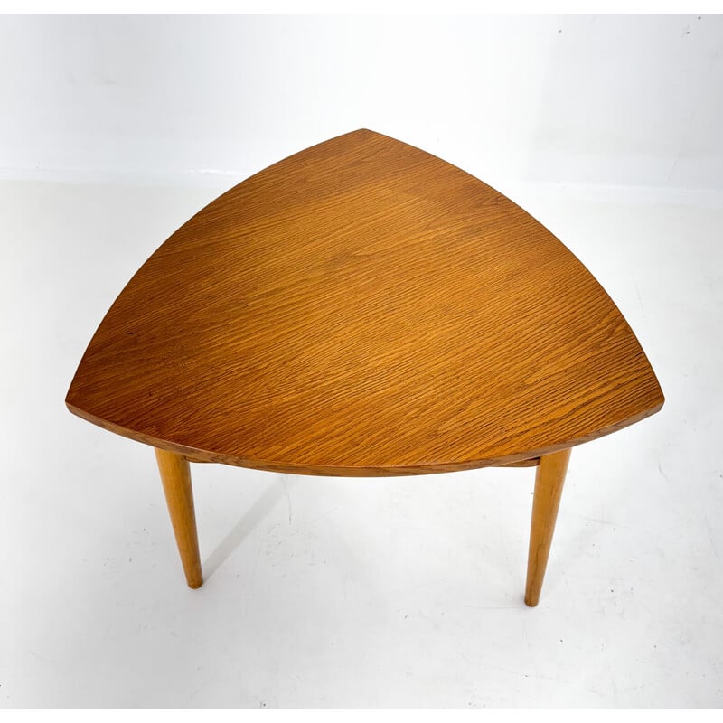 Vintage triangle-shaped wooden side table, Czechoslovakia
