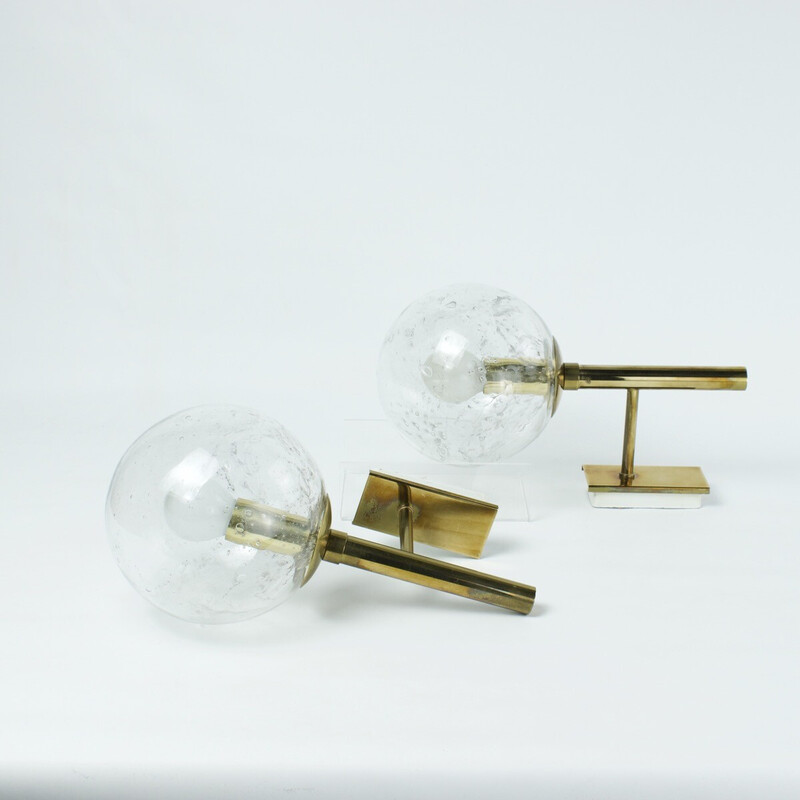 Pair of vintage brass and glass wall lights for Hillebrand Leuchten, Germany 1960
