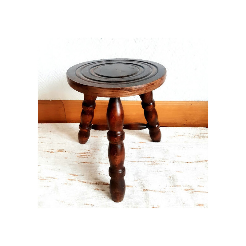 Vintage wooden tripod milking stool, 1950