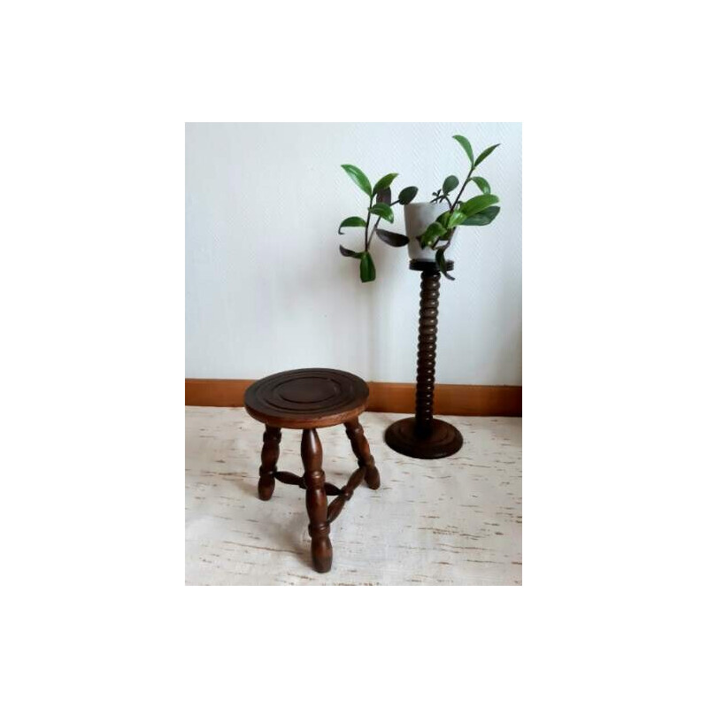 Tabouret de traite vintage tripode en bois, 1950