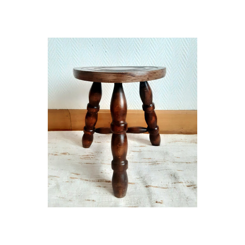 Tabouret de traite vintage tripode en bois, 1950