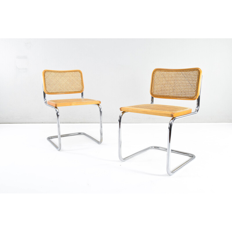 Pair of vintage model B32 chairs in chrome steel and beech by Marcel Breuer, Italy 1970
