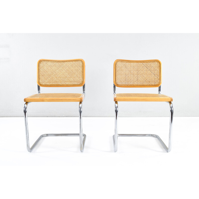 Pair of vintage model B32 chairs in chrome steel and beech by Marcel Breuer, Italy 1970