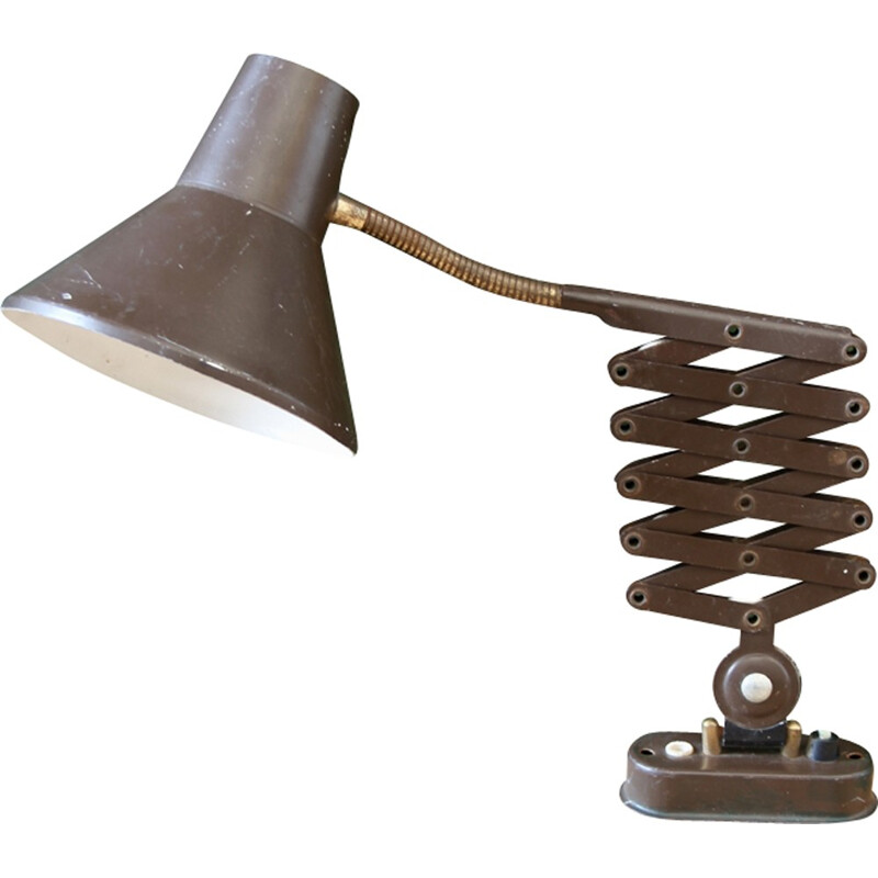 Lampe ciseaux industrielle marron en métal et en aluminium -  1960