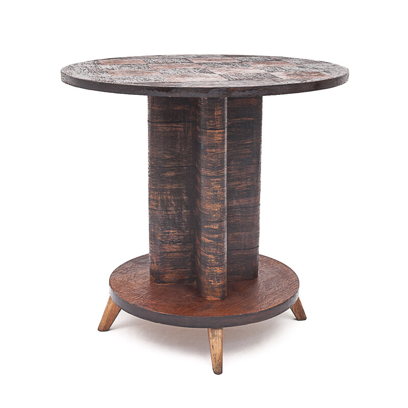 Vintage Art Deco side table with circular parquet top, 1930