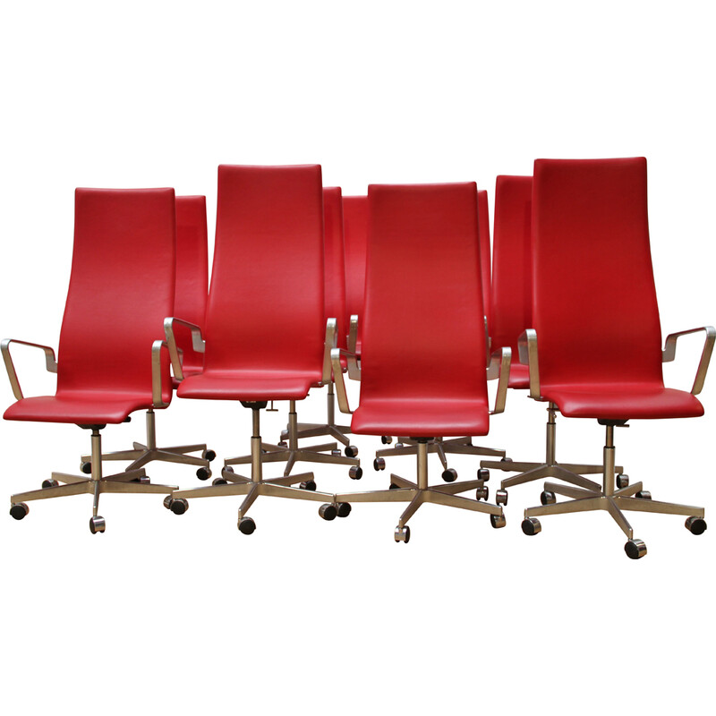 Set of 8 vintage office chairs in chrome aluminum and leather by Arne Jacobsen for Fritz Hansen