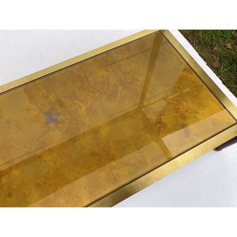 Consola vintage de cristal espejado y metal dorado de latón rojo burdeos, años 70