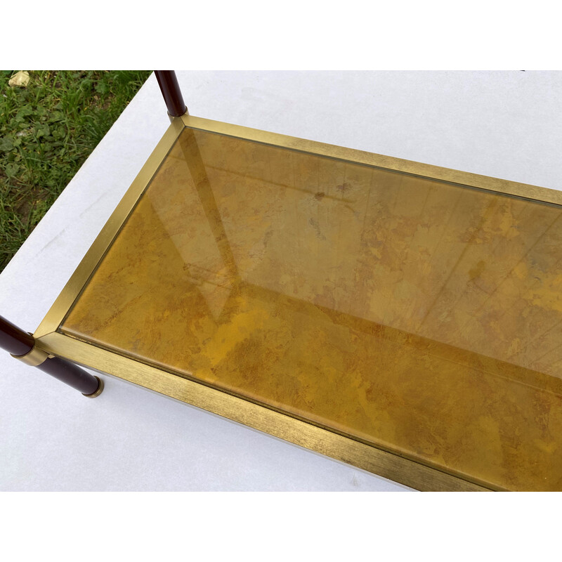 Consola vintage de cristal espejado y metal dorado de latón rojo burdeos, años 70