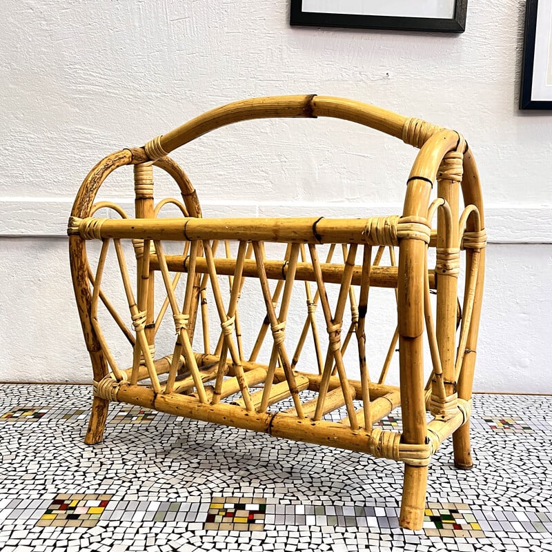 Vintage rattan and wicker newspaper rack, Denmark 1970