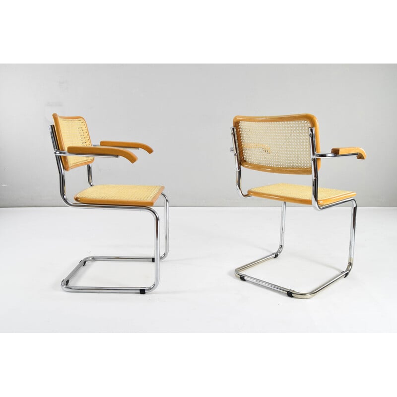 Pair of vintage model B64 chairs in chrome steel and beech by Marcel Breuer, Italy 1970