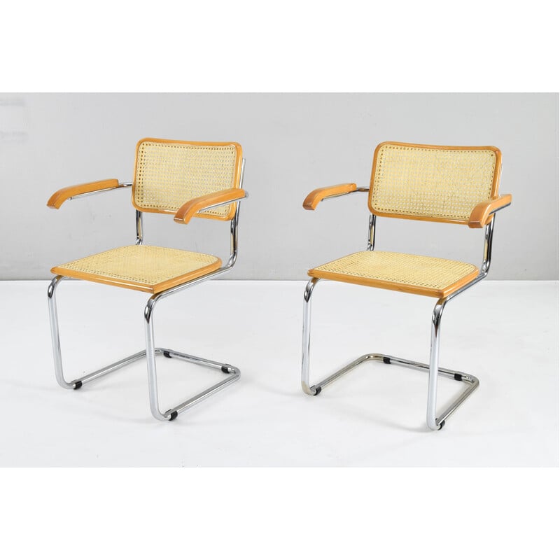 Pair of vintage model B64 chairs in chrome steel and beech by Marcel Breuer, Italy 1970