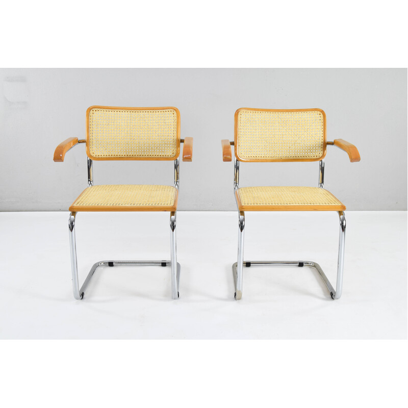 Pair of vintage model B64 chairs in chrome steel and beech by Marcel Breuer, Italy 1970