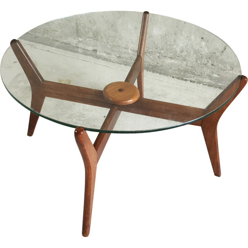 Table basse circulaire vintage avec piétement en chêne massif - 1960