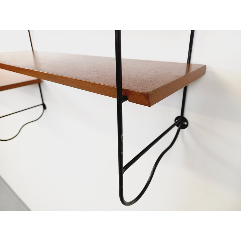 Vintage wall shelf with 2 modules in teak and black metal, 1960