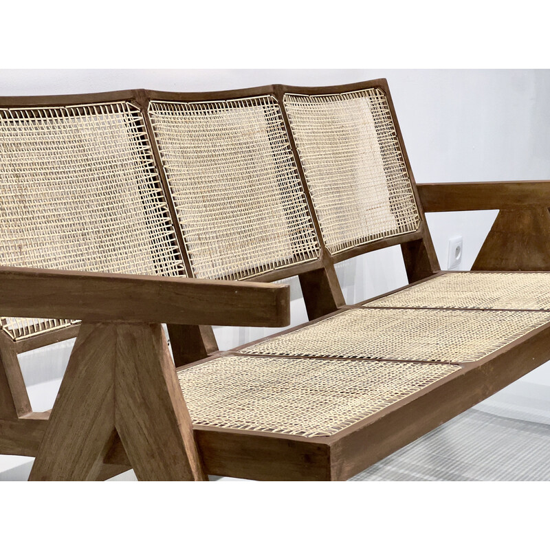 Vintage 3-seater sofa in teak and wickerwork by Pierre Jeanneret, India 1956