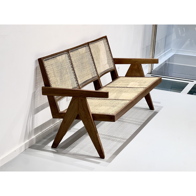 Vintage 3-seater sofa in teak and wickerwork by Pierre Jeanneret, India 1956