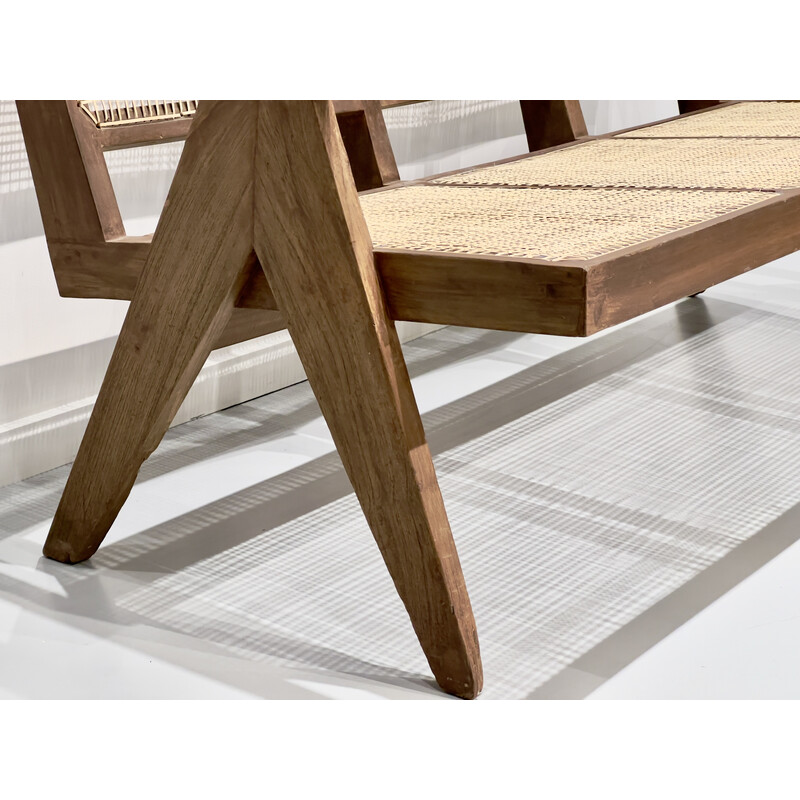 Vintage 3-seater sofa in teak and wickerwork by Pierre Jeanneret, India 1956