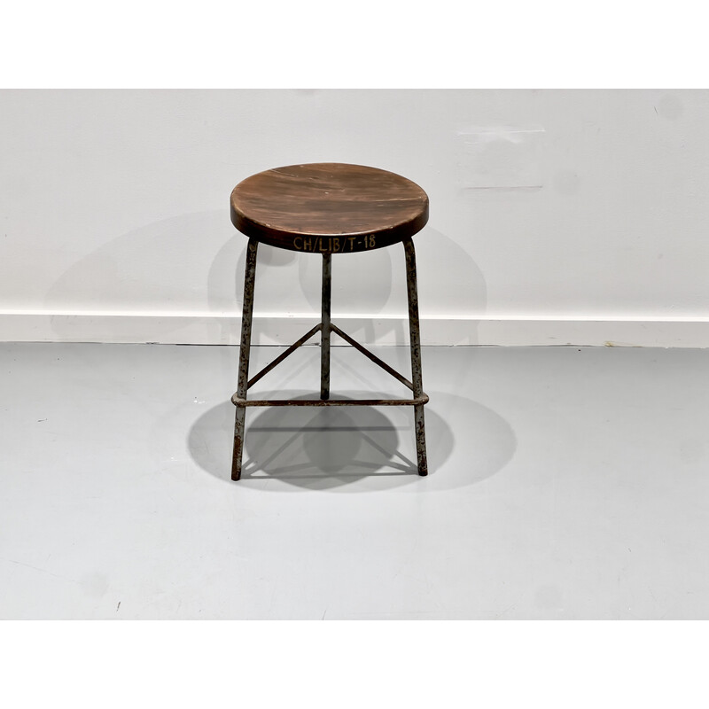 Vintage iron and teak stool by Pierre Jeanneret, 1960