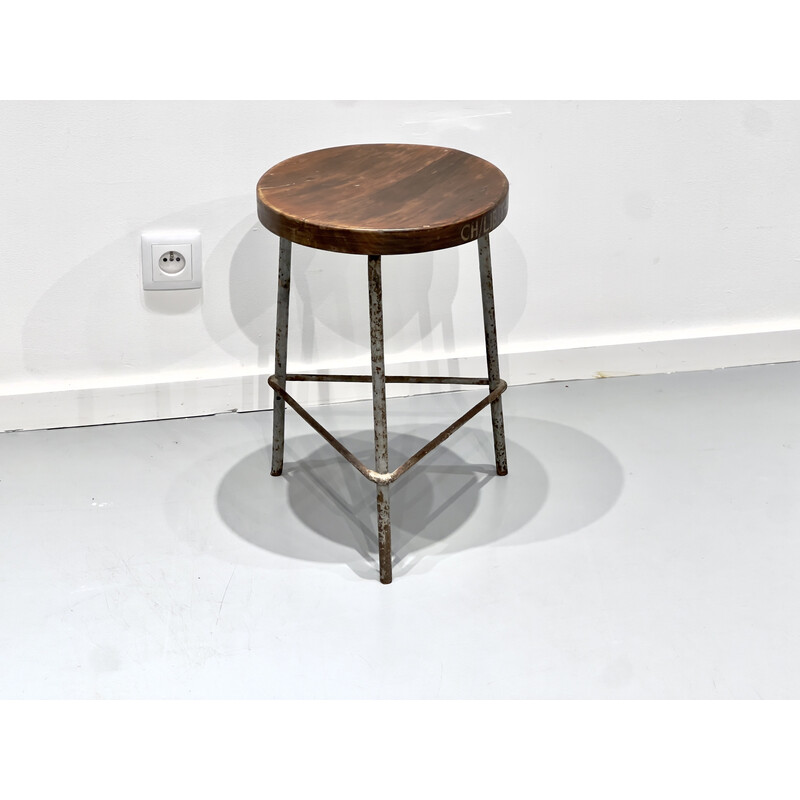 Vintage iron and teak stool by Pierre Jeanneret, 1960