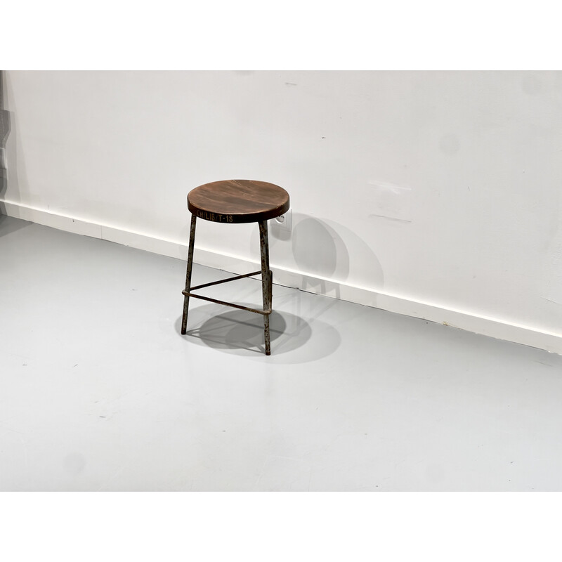 Vintage iron and teak stool by Pierre Jeanneret, 1960