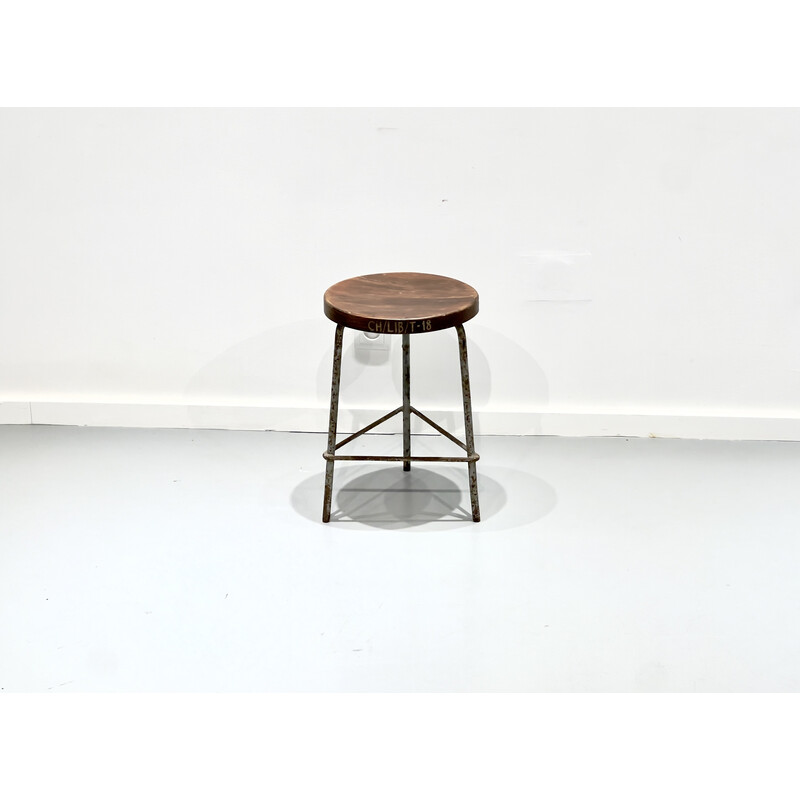 Vintage iron and teak stool by Pierre Jeanneret, 1960