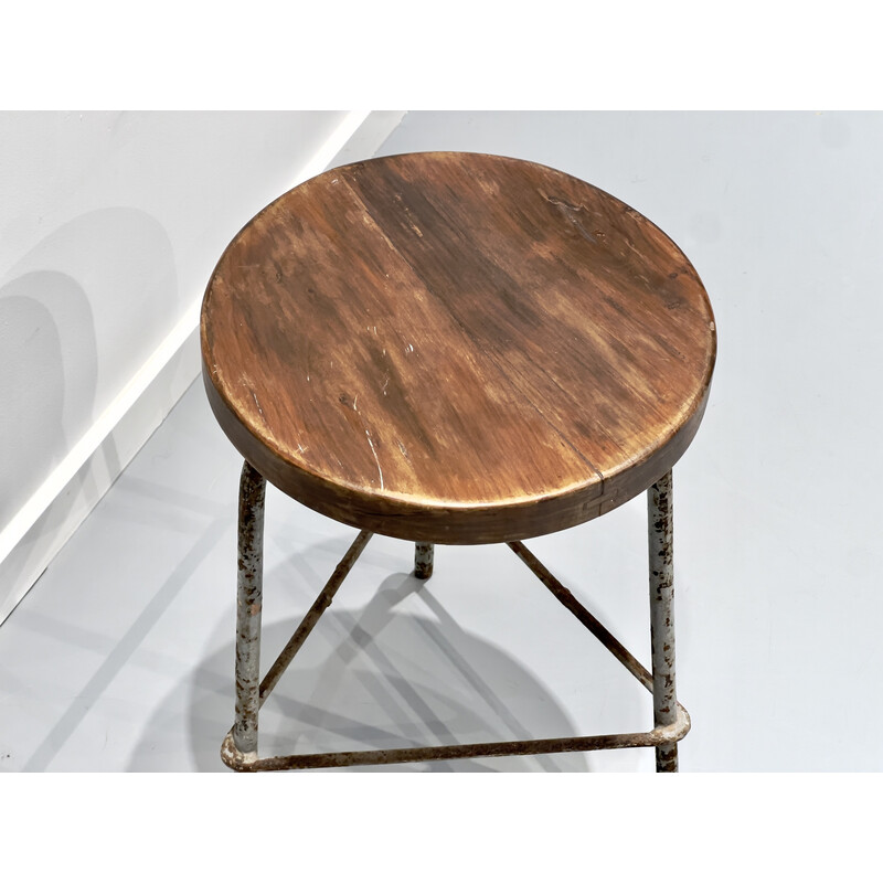 Vintage iron and teak stool by Pierre Jeanneret, 1960