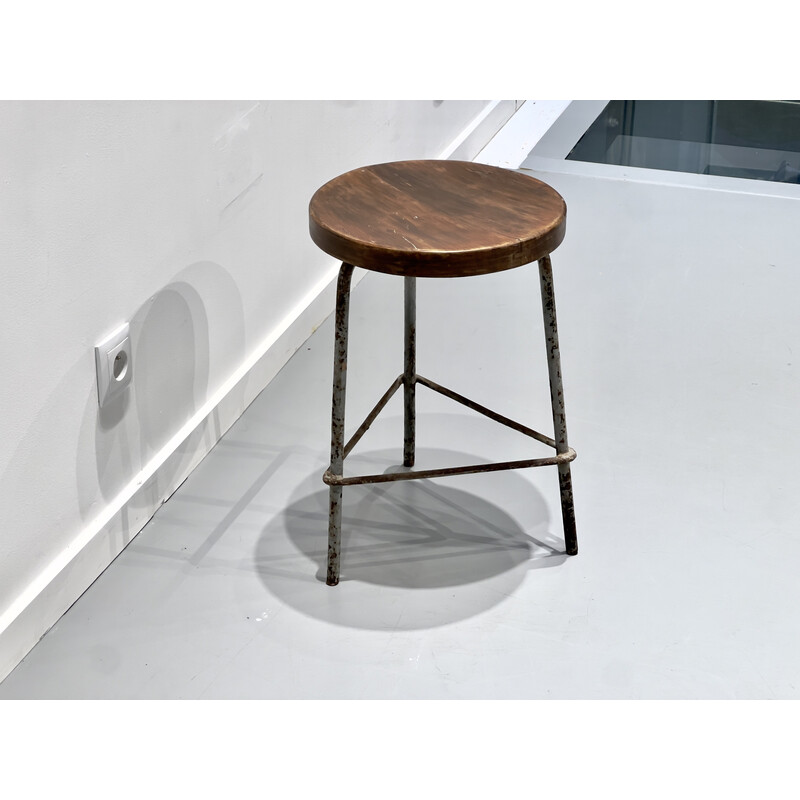 Vintage iron and teak stool by Pierre Jeanneret, 1960