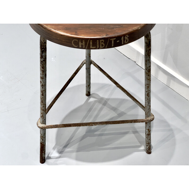 Vintage iron and teak stool by Pierre Jeanneret, 1960