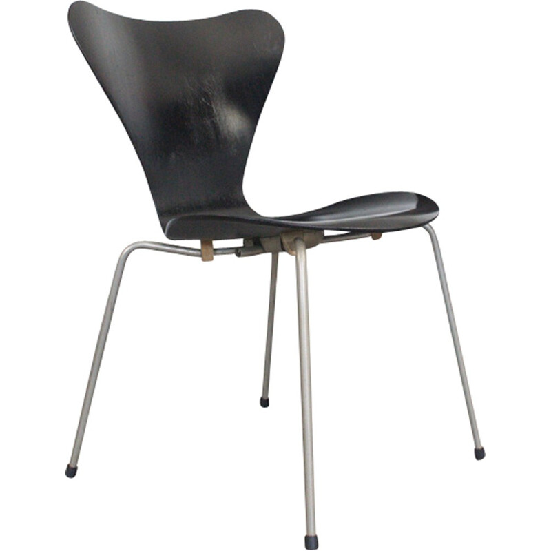 Set of 6 plywood black chairs, Model 3107 by Arne Jacobsen - 1950s