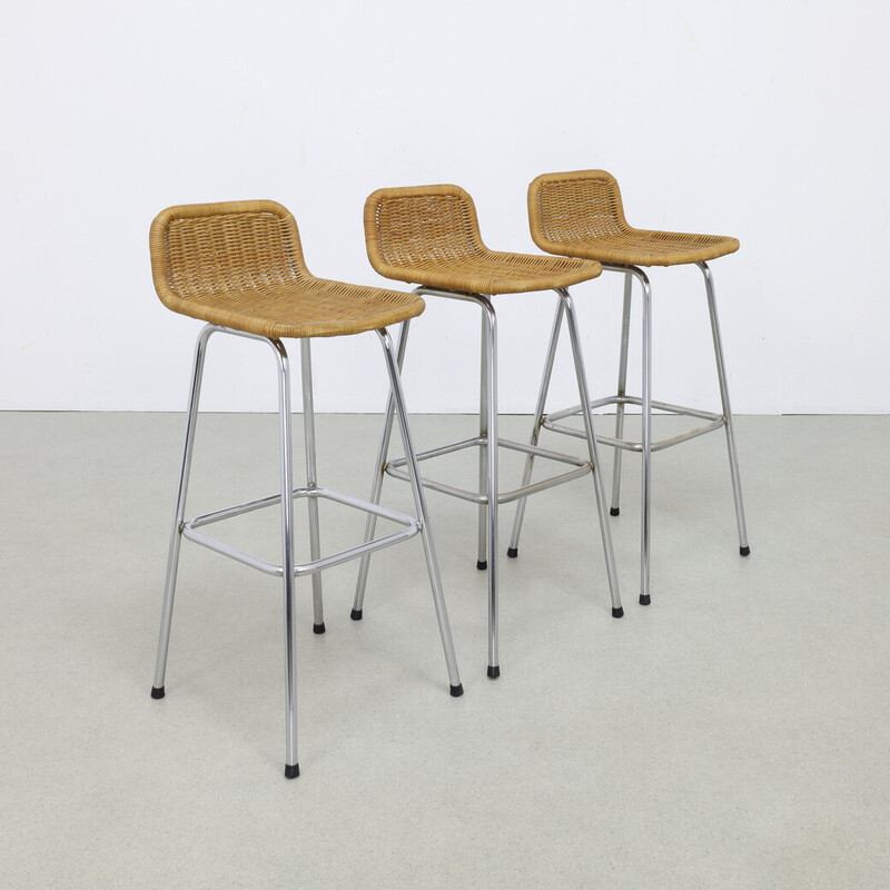 Set of 3 vintage rattan and chrome bar stools by Rohé Noordwolde, 1960