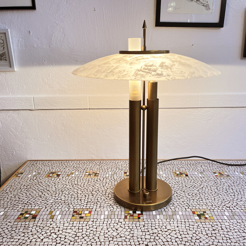 Lampe de table vintage en laiton brossé et verre opalin pour TZ Schmitz Leuchten, Allemagne 1980