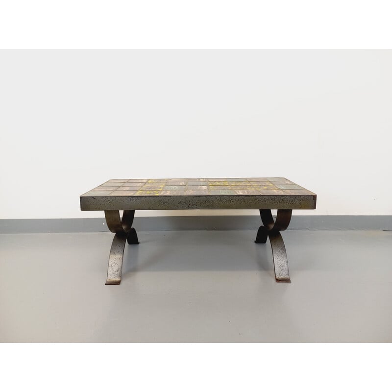 Table basse vintage rectangulaire en acier et céramique pour Roche Bobois, France 1960